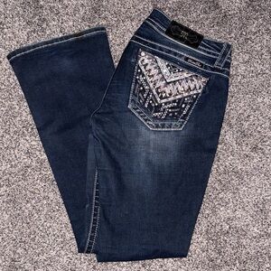 Miss Me Dark Blue Boot Cut Jeans with Embroidered Back Pockets
